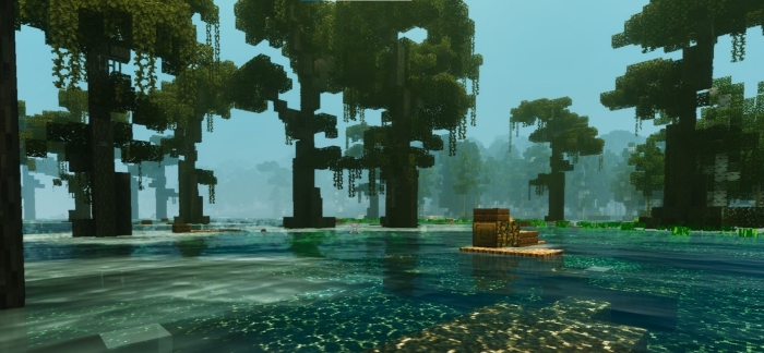 Lush swamp with realistic lighting effects.