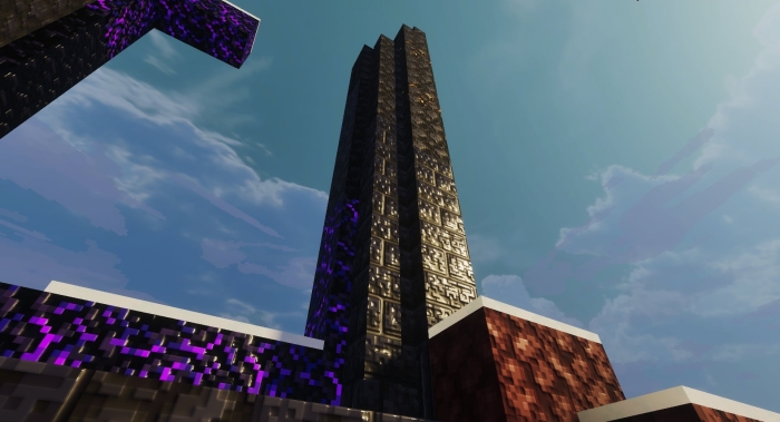 Tall textured tower with purple accents.