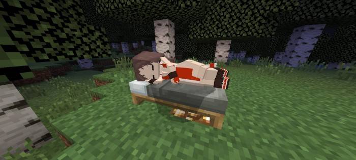 Anime character sleeping in forest.