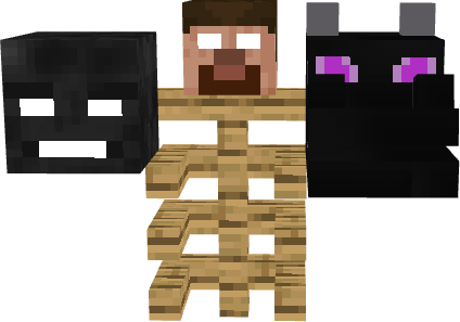 Three pixelated heads on a wooden frame.