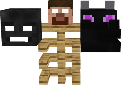 Three pixelated heads on a wooden frame.