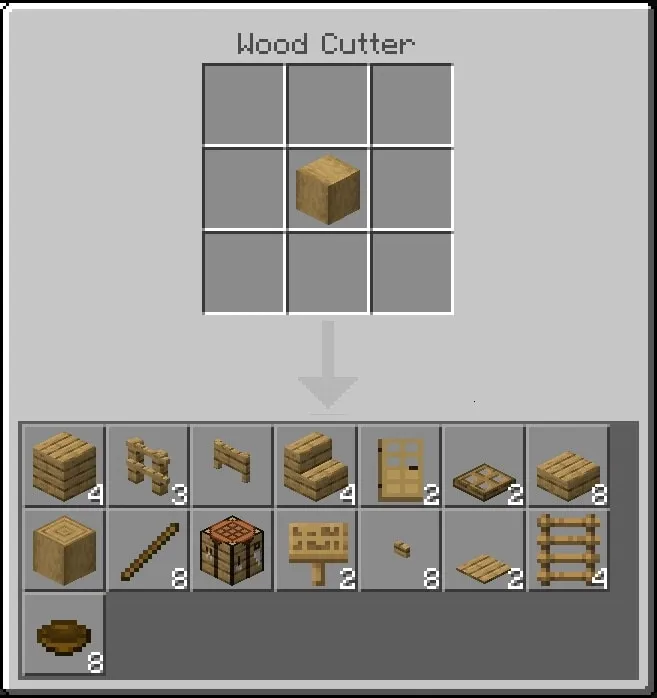 Wood Cutter crafting interface display.