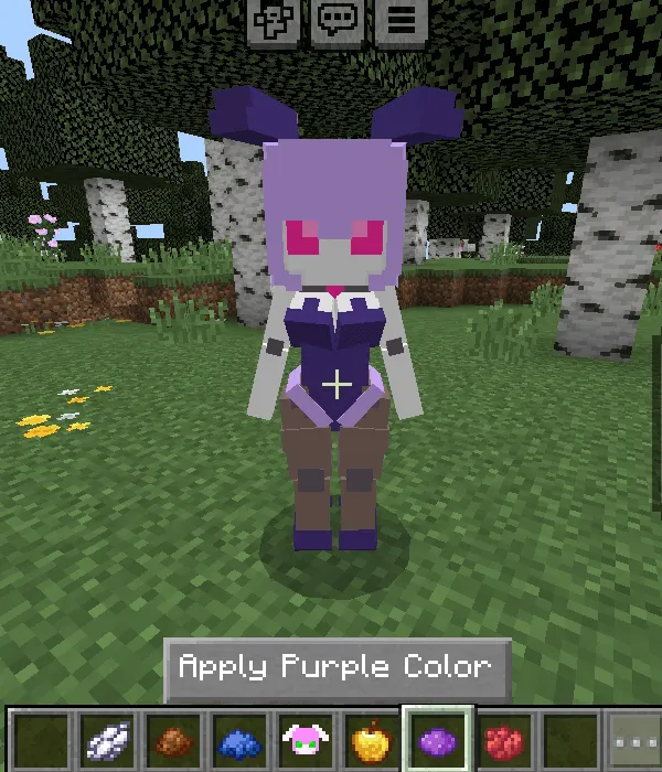 Purple robot character in a forest.