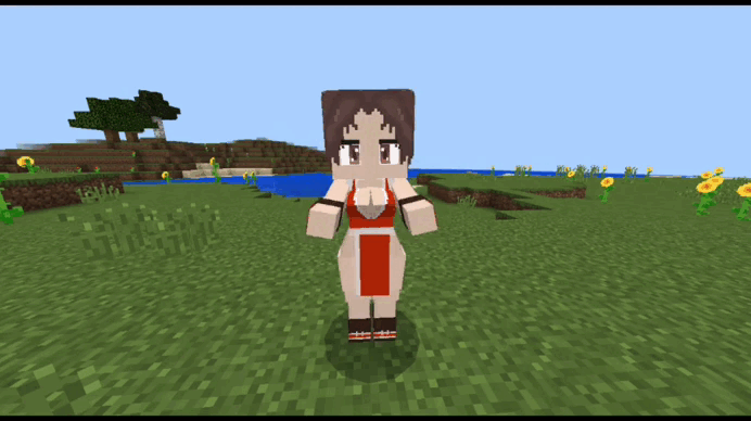 Anime character in blocky landscape.