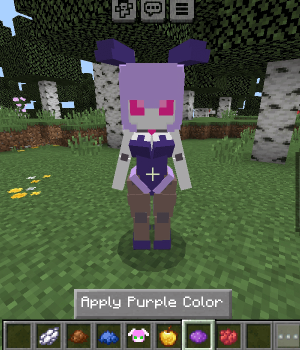 Purple robot character in a forest setting.