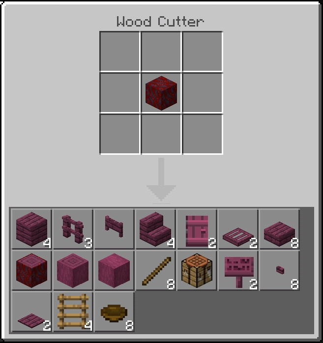 Wood Cutter interface with crafting options.