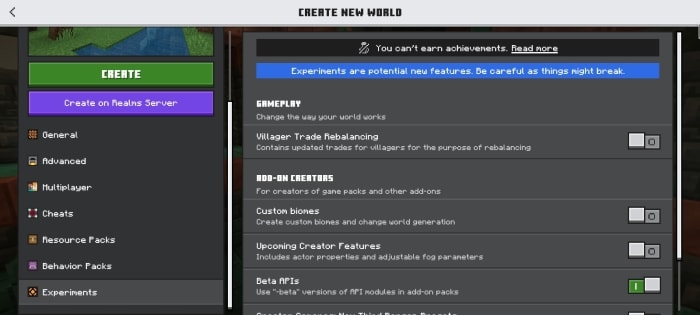 Create New World settings screen.