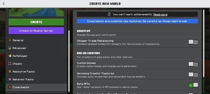 Create New World settings screen.