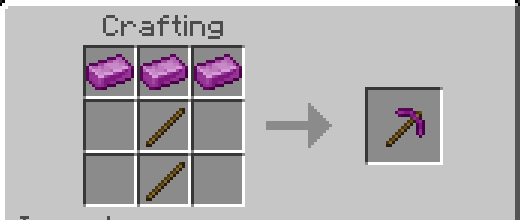 Crafting recipe for a purple pickaxe.