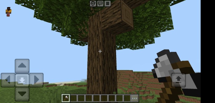 Axe aimed at large tree trunk.