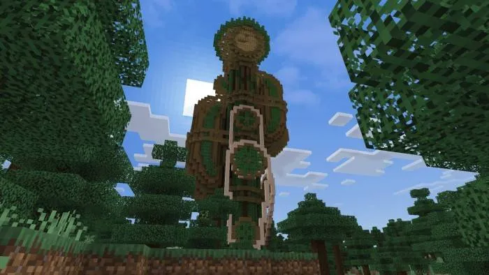 Intricate tower structure in forest.