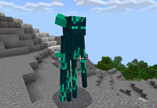Blocky creature on rocky terrain.