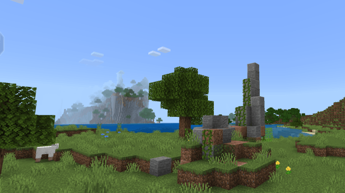 Blocky landscape with stone structure.