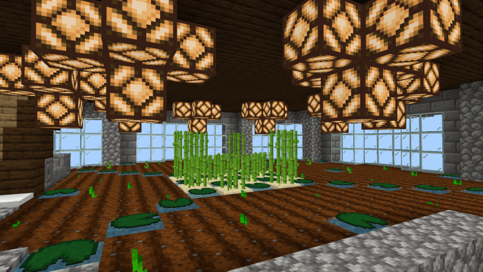 Indoor farm with lamps and crops