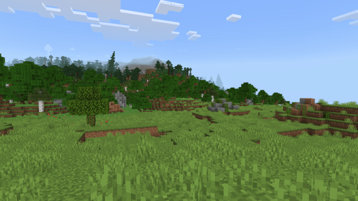 Blocky landscape with trees and hills.