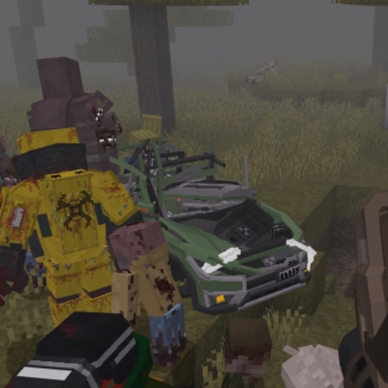 Zombies surround a crashed car in fog.