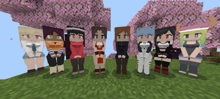 Pixelated anime characters in a row.