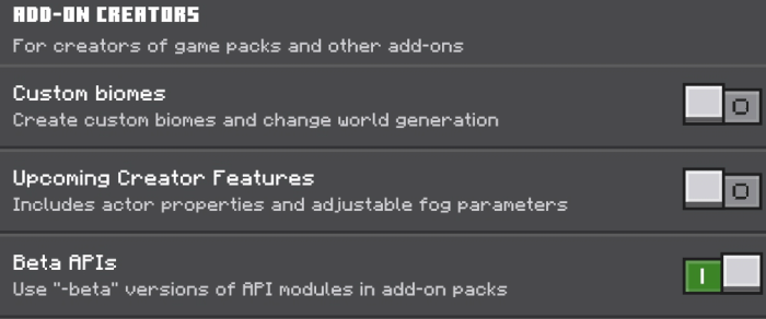 Settings for add-on features.