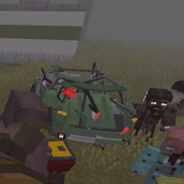 Blocky car surrounded by pixel zombies.