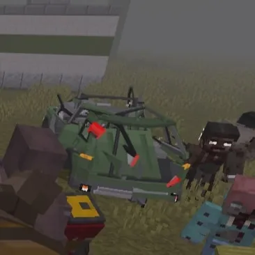 Blocky car surrounded by pixel zombies.