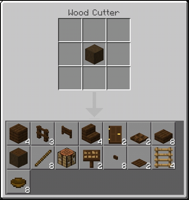 Wood Cutter interface with crafting options.