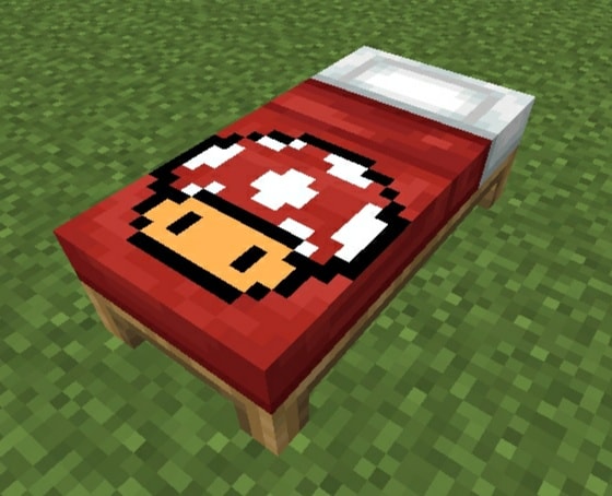 Pixelated bed with mushroom design.
