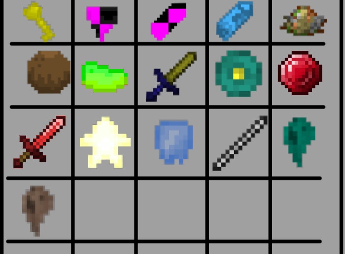 Grid of diverse pixelated game items.