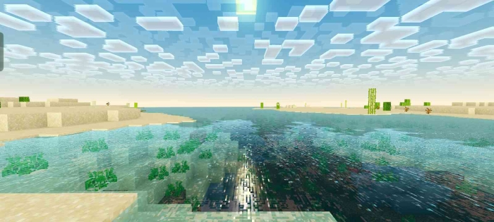 Blocky ocean scene with clear sky.