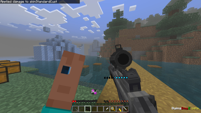 Character aiming a gun by a river.