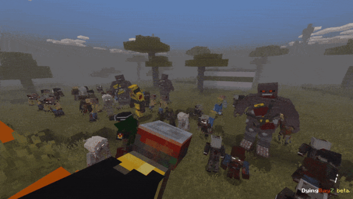 Pixelated zombies in a foggy landscape.