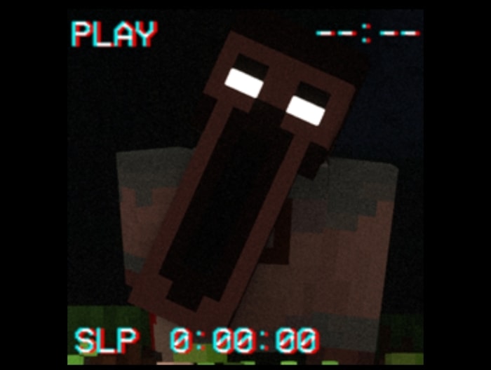 Pixelated creature with glowing white eyes.