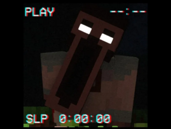 Pixelated creature with glowing white eyes.