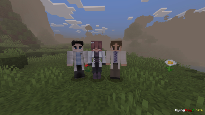 Three characters standing in a grassy field.