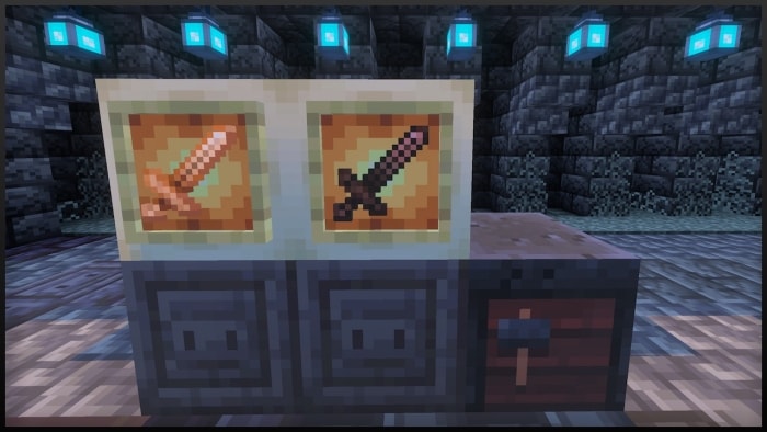 Two pixelated swords on display.