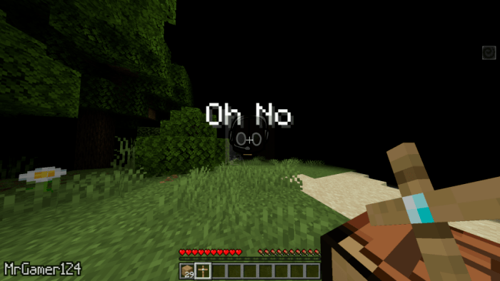 Player seeing Oh No in dark forest.