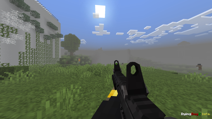 Gamers view with gun in pixel world.