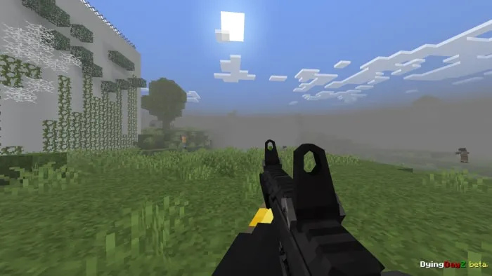 Gamers view with gun in pixel world.