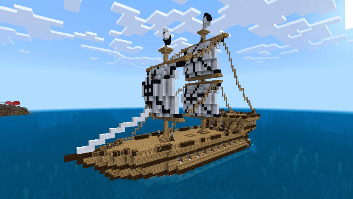Wooden ship structure on ocean.