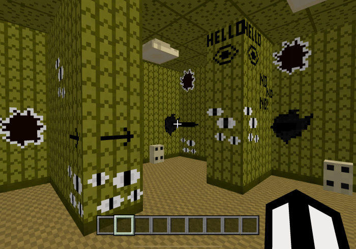 Room with pixelated green walls.