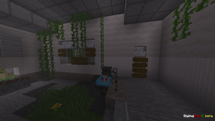 Indoor scene with vines and signs.