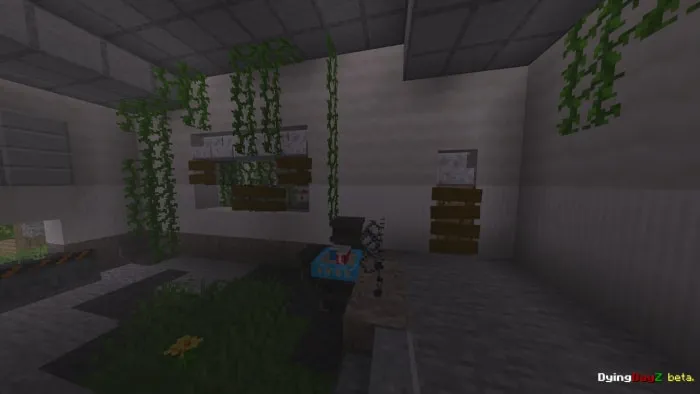Indoor scene with vines and signs.