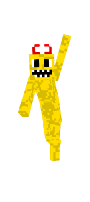 Yellow blocky character with red horns.