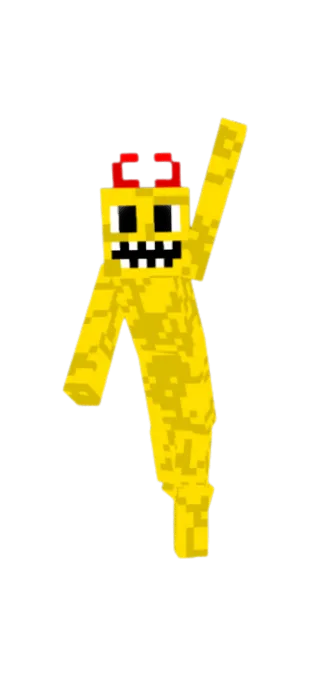 Yellow blocky character with red horns.
