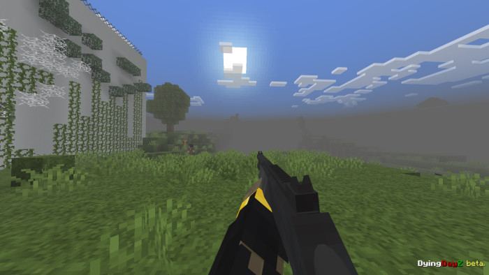 Gun aiming in pixelated landscape.