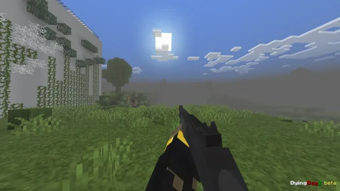 Gun aiming in pixelated landscape.