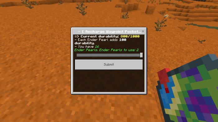 Waypoint recharge menu on desert terrain.