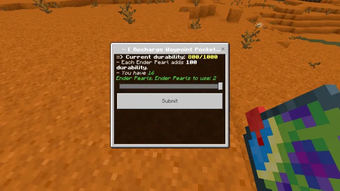 Waypoint recharge menu on desert terrain.