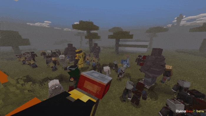 Blocky zombies in a foggy landscape.