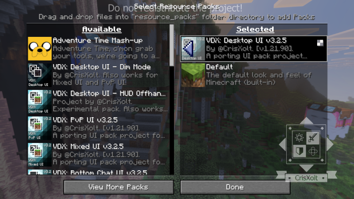Resource pack selection screen UI
