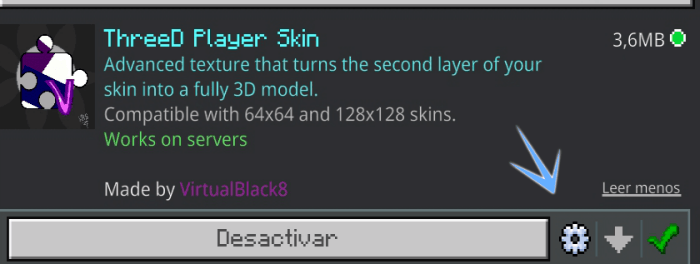 ThreeD Player Skin mod interface.